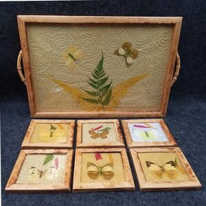 Vintage Butterfly‎ Fern Tray and Coaster Set Pressed Botanical Art Decor